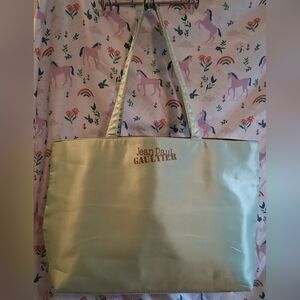Jean Paul Gaultier Green Sateen XL Travel School Work Overnight Purse Tote Bag